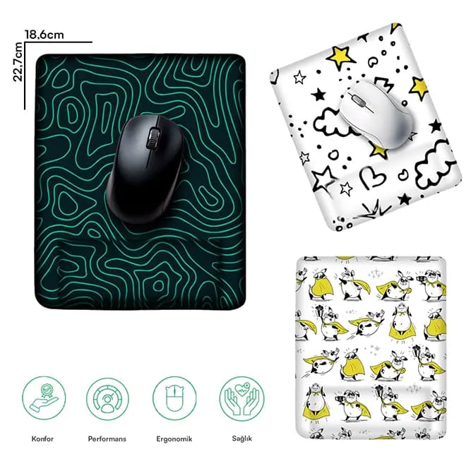 Custom-made rectangular mouse pad with foam wrist rest.
