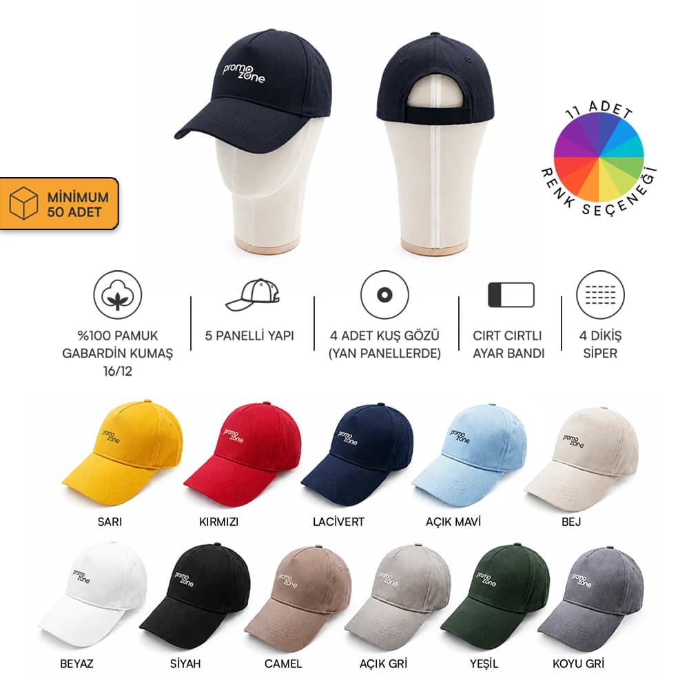 100% Cotton Gabardine Promotional Cap 16/12 β Velcro Closure, Eyelets